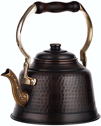 DEMMEX Heavy Gauge 1mm Thick Hammered Copper Tea Pot Kettle Stovetop Teapot (Antiqued Copper)