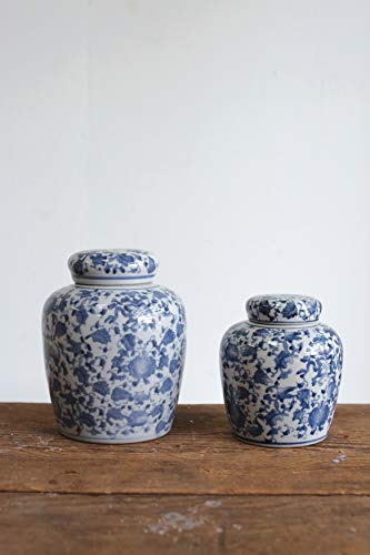 Creative Co-Op Blue & White Ceramic Ginger Jar with Lid