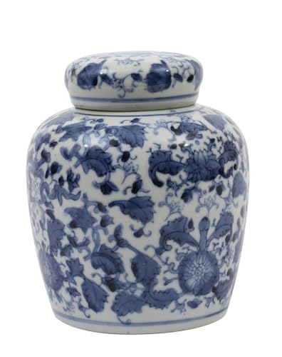 Creative Co-Op Blue & White Ceramic Ginger Jar with Lid