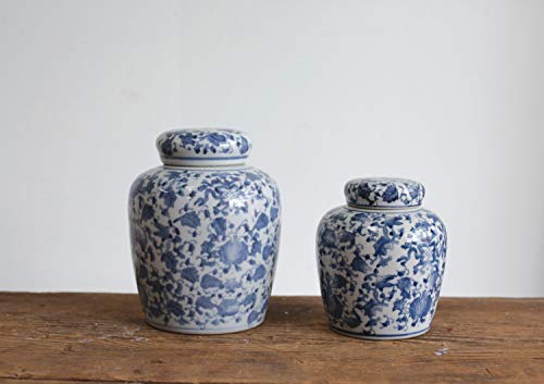 Creative Co-Op Blue & White Ceramic Ginger Jar with Lid