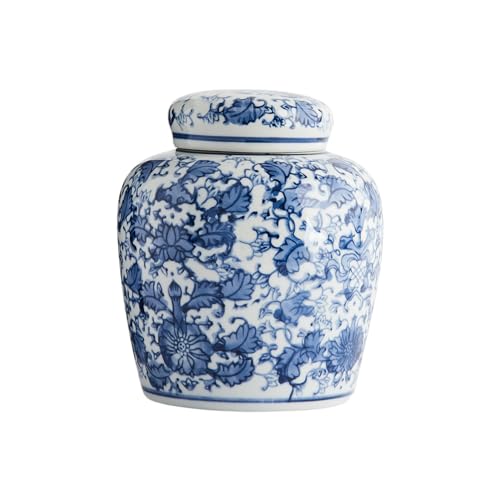 Creative Co-Op Blue & White Ceramic Ginger Jar with Lid