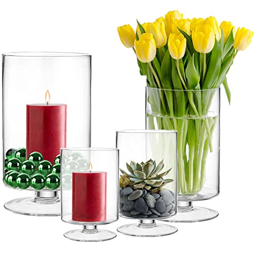 CYS EXCEL Glass Hurricane Pillar Candle Holder (H:10" W:6") | Multiple Size Choices Short Stem Candle Centerpieces | Stemmed Glass Cylinder Candle Vase