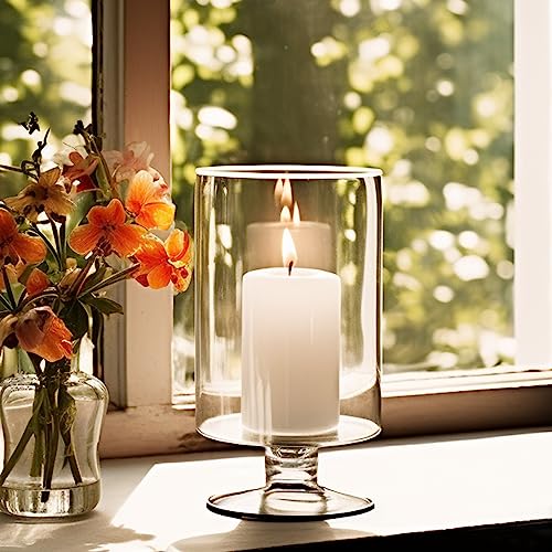 CYS EXCEL Glass Hurricane Pillar Candle Holder (H:10" W:6") | Multiple Size Choices Short Stem Candle Centerpieces | Stemmed Glass Cylinder Candle Vase