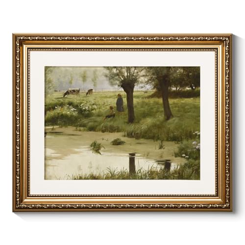 ARPEOTCY Vintage Gold Framed Wall Decor, Retro Pond River Scene Paintings, Canvas Prints Artwork with Antique Frame, Victorian Wall Picture Decor for Room Gallery Living Room, 13x16 inch