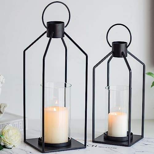 Farmhouse Candle Lantern Outdoor Decor - Set of 2 Hurricane Glass Candle Holders Black Metal Lanterns Decorative Modern for Home Decor Indoor Front Porch Patio Table Fireplace Garden