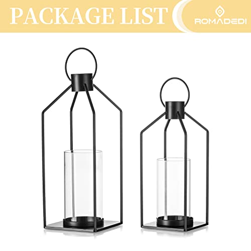 Farmhouse Candle Lantern Outdoor Decor - Set of 2 Hurricane Glass Candle Holders Black Metal Lanterns Decorative Modern for Home Decor Indoor Front Porch Patio Table Fireplace Garden