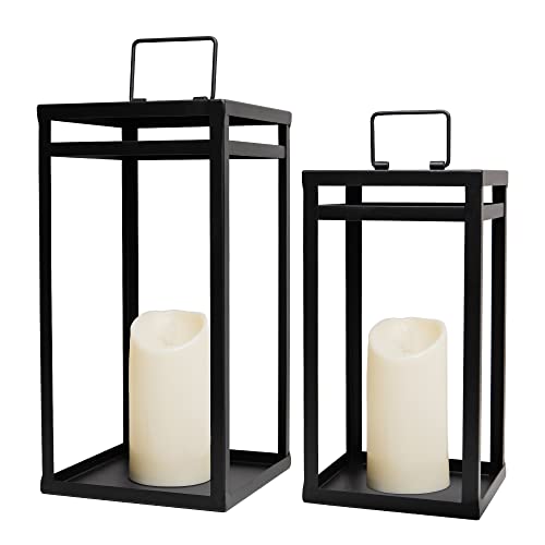 HPC Decor Black Metal Candle Lanterns Set of 2- Lanterns Decorative w/ LED Timer Candles- 15.8'' & 12.6'' Chunky Modern Farmhouse Lantern Decor for Indoor,Outdoor,Fireplace,Porch (No Glass)