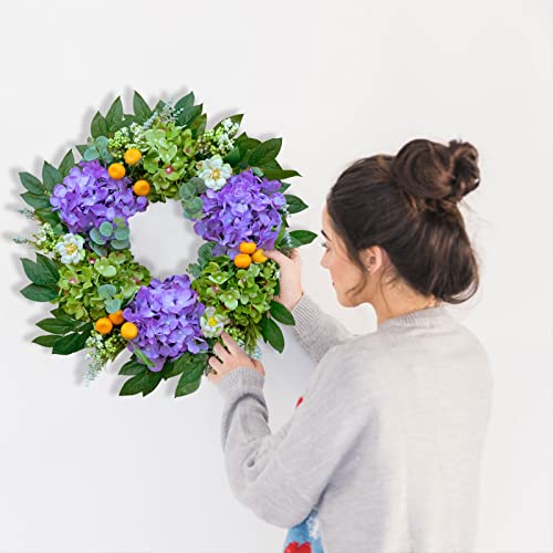 Summer Wreaths for Front Door, 20'' Spring Door Wreath Outside, Artificial Hydrangea Wreaths for All Seasons, Indoors, Home, Farmhouse, Window, Wedding