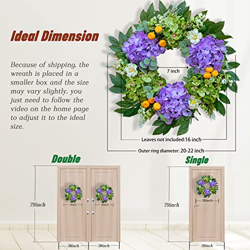 Summer Wreaths for Front Door, 20'' Spring Door Wreath Outside, Artificial Hydrangea Wreaths for All Seasons, Indoors, Home, Farmhouse, Window, Wedding