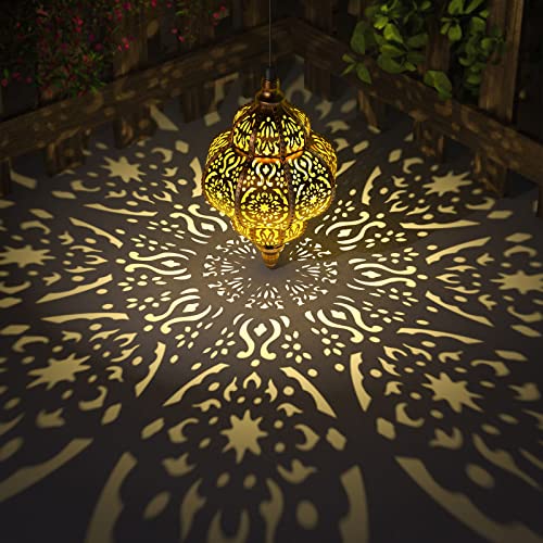 Hanging Solar Lights Outdoor Garden Decor Solar Lantern Waterproof Plastic Moroccan Outdoor Decorations for Patio Pathway Yard Backyard Garden Decorative (1 Pack, Bronze)