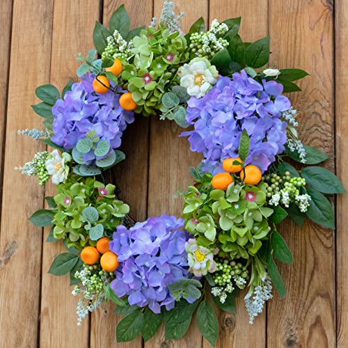 Summer Wreaths for Front Door, 20'' Spring Door Wreath Outside, Artificial Hydrangea Wreaths for All Seasons, Indoors, Home, Farmhouse, Window, Wedding