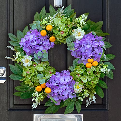 Summer Wreaths for Front Door, 20'' Spring Door Wreath Outside, Artificial Hydrangea Wreaths for All Seasons, Indoors, Home, Farmhouse, Window, Wedding