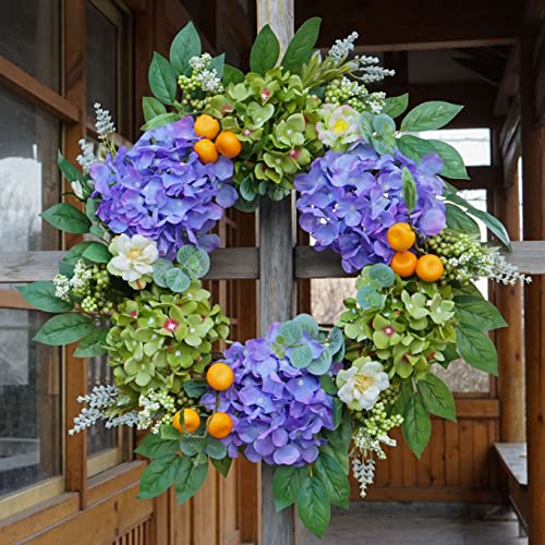 Summer Wreaths for Front Door, 20'' Spring Door Wreath Outside, Artificial Hydrangea Wreaths for All Seasons, Indoors, Home, Farmhouse, Window, Wedding