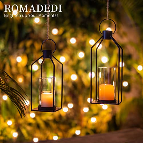 Farmhouse Candle Lantern Outdoor Decor - Set of 2 Hurricane Glass Candle Holders Black Metal Lanterns Decorative Modern for Home Decor Indoor Front Porch Patio Table Fireplace Garden