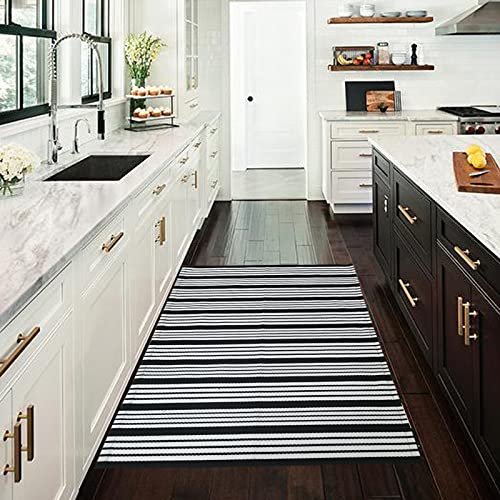 Black and White Striped Outdoor Rug Front Porch Rug 27.5"x43" Front Door Mat Cotton Hand-Woven Reversible Mats for Outdoor,Entryway,Laundry Room,Farmhouse,Kitchen (27.5"x43")