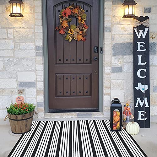 Black and White Striped Outdoor Rug Front Porch Rug 27.5"x43" Front Door Mat Cotton Hand-Woven Reversible Mats for Outdoor,Entryway,Laundry Room,Farmhouse,Kitchen (27.5"x43")