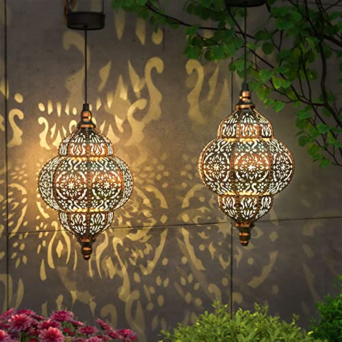 Hanging Solar Lights Outdoor Garden Decor Solar Lantern Waterproof Plastic Moroccan Outdoor Decorations for Patio Pathway Yard Backyard Garden Decorative (1 Pack, Bronze)