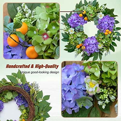 Summer Wreaths for Front Door, 20'' Spring Door Wreath Outside, Artificial Hydrangea Wreaths for All Seasons, Indoors, Home, Farmhouse, Window, Wedding